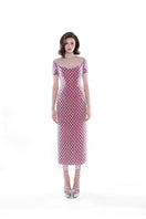 Rose pink Camellia Crystal Mesh Dress by HACCHIC COUTURE, elegant midi dress with intricate crystal details and flowy fabric.