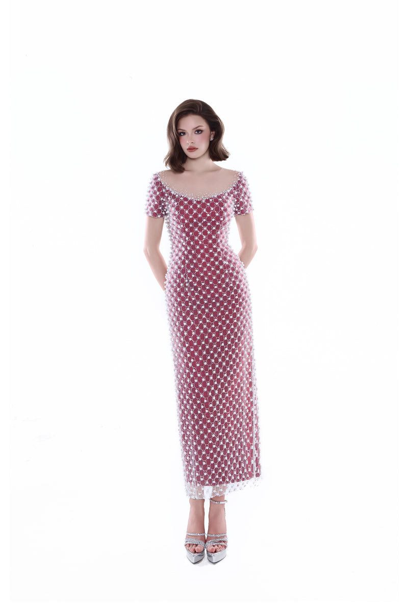 HACCHIC Couture Camellia crystal mesh dress in rose pink, midi length with intricate crystal details and elegant flowy fabric.