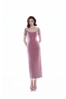 Rose pink Camellia Crystal Mesh Dress by HACCHIC COUTURE, midi-length with intricate crystal details and elegant mesh fabric.