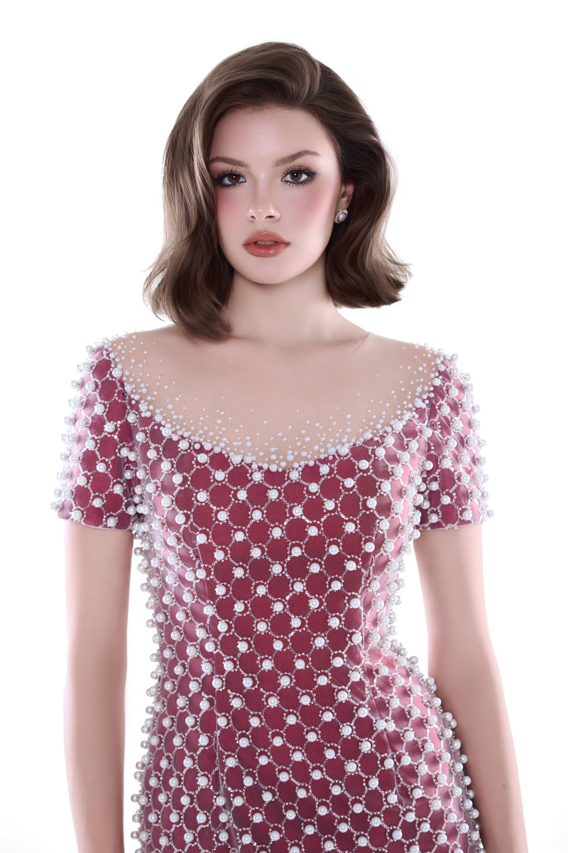 Rose pink Camellia Crystal Mesh Dress by HACCHIC COUTURE, midi length with intricate crystal details and elegant mesh fabric.