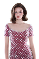 Rose pink Camellia Crystal Mesh Dress by HACCHIC COUTURE, midi length with shimmering crystal embellishments and elegant mesh fabric.