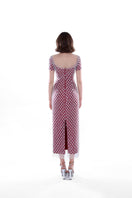 HACCHIC COUTURE Camellia crystal mesh dress in rose pink, midi length with intricate crystal detailing and elegant fit.