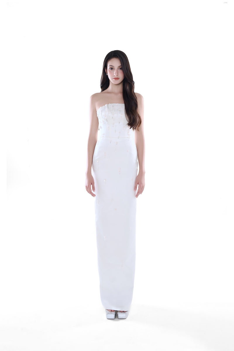 HACCHIC Couture Celeste Pearl Ivory Column Midi Dress displayed on a hanger, showcasing elegant, fitted design with pearl accents.