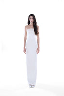 Elegant ivory Celeste Pearl Column Dress by HACCHIC COUTURE, featuring a fitted gown with pearl embellishments and sleek silhouette.