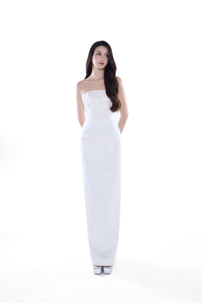 HACCHIC Couture Celeste Pearl Column Dress in ivory, midi length with elegant pearl embellishments and fitted silhouette.
