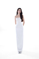 Elegant ivory celeste pearl column gown by HACCHIC COUTURE, showcasing a sleek, fitted silhouette with intricate pearl detailing.