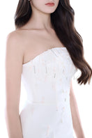 Hacchic Couture ivory Celeste Pearl Column Dress, elegant gown with pearl embellishments, form-fitting silhouette, and sophisticated style.