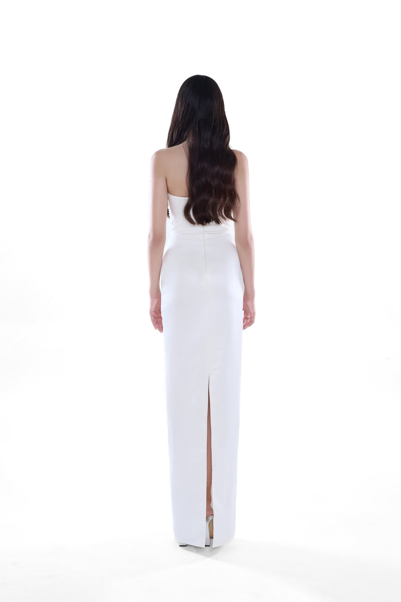 Elegant ivory Celeste Pearl Column Dress by HACCHIC COUTURE, featuring a sleek midi silhouette with pearl accents.