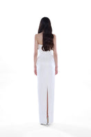 Elegant ivory Celeste Pearl Column Dress by HACCHIC COUTURE, featuring a sleek gown with pearl accents and a fitted silhouette.