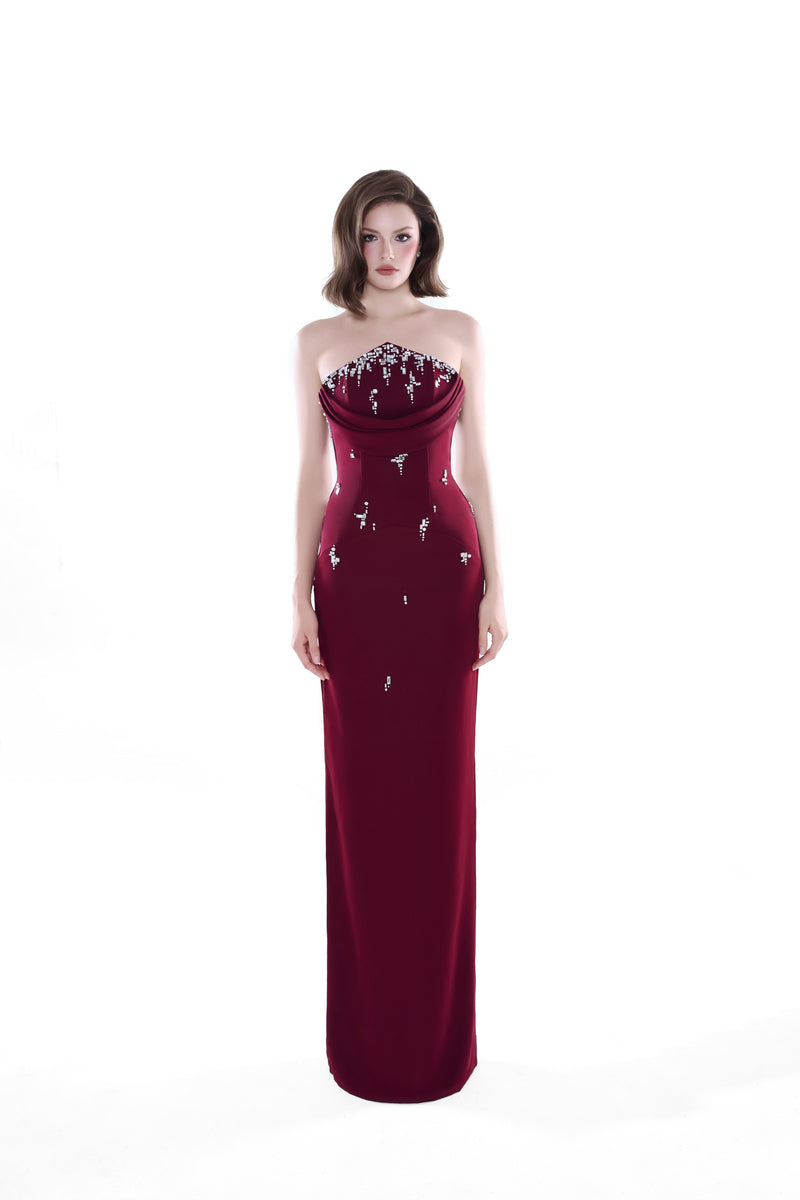 HACCHIC Couture Ruby Drape Column Maxi Dress in Wine Red, featuring elegant draped fabric and a sophisticated silhouette.
