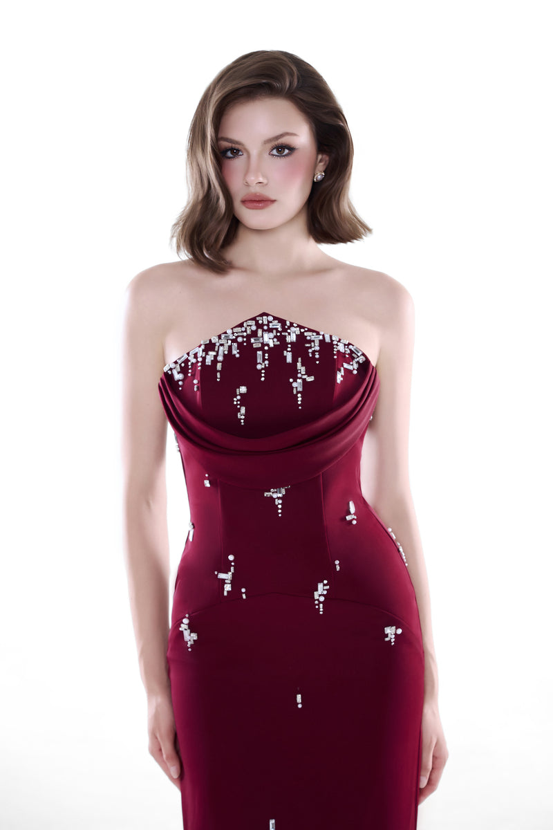 HACCHIC COUTURE Ruby Drape Column Maxi Dress in wine red, stylish evening dress with elegant draped design and figure-flattering silhouette.