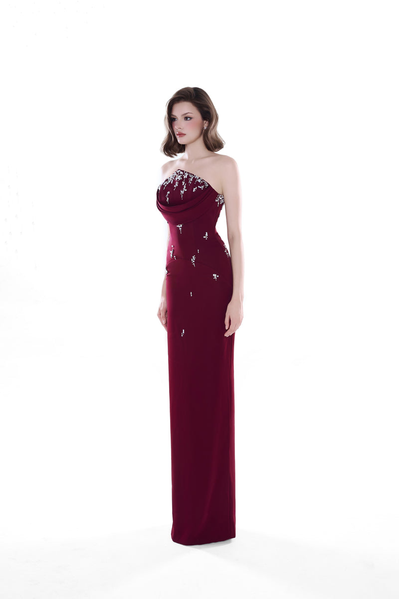Wine red Ruby Drape Column Maxi Dress by HACCHIC COUTURE featuring elegant draped fabric and a fitted silhouette.