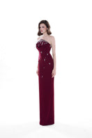 Wine red Ruby Drape Column Dress by HACCHIC COUTURE featuring a sleek, elegant gown with draped fabric and fitted silhouette.