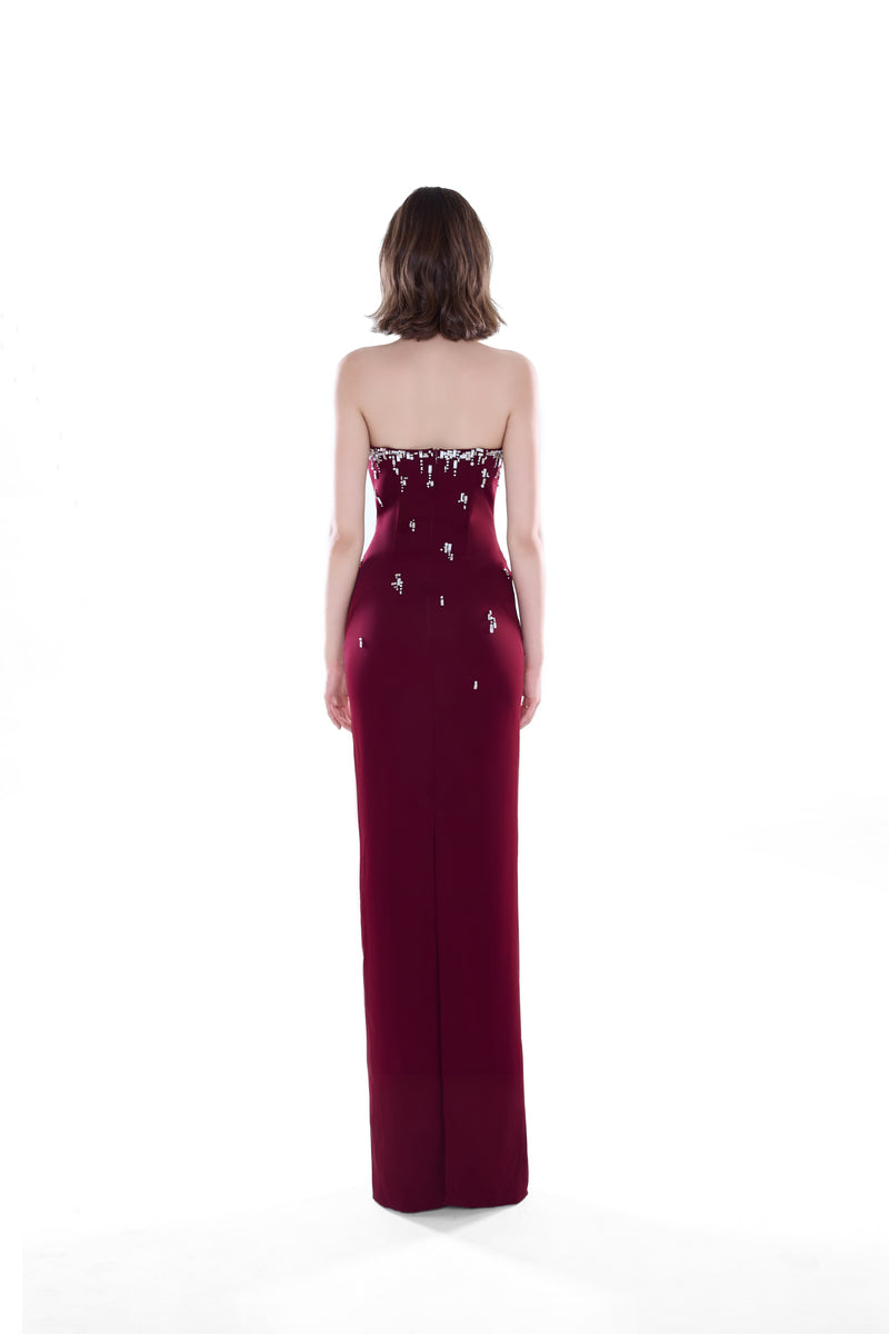HACCHIC Couture Ruby Drape Column Maxi Dress in wine red, featuring elegant flowing fabric and sophisticated silhouette.