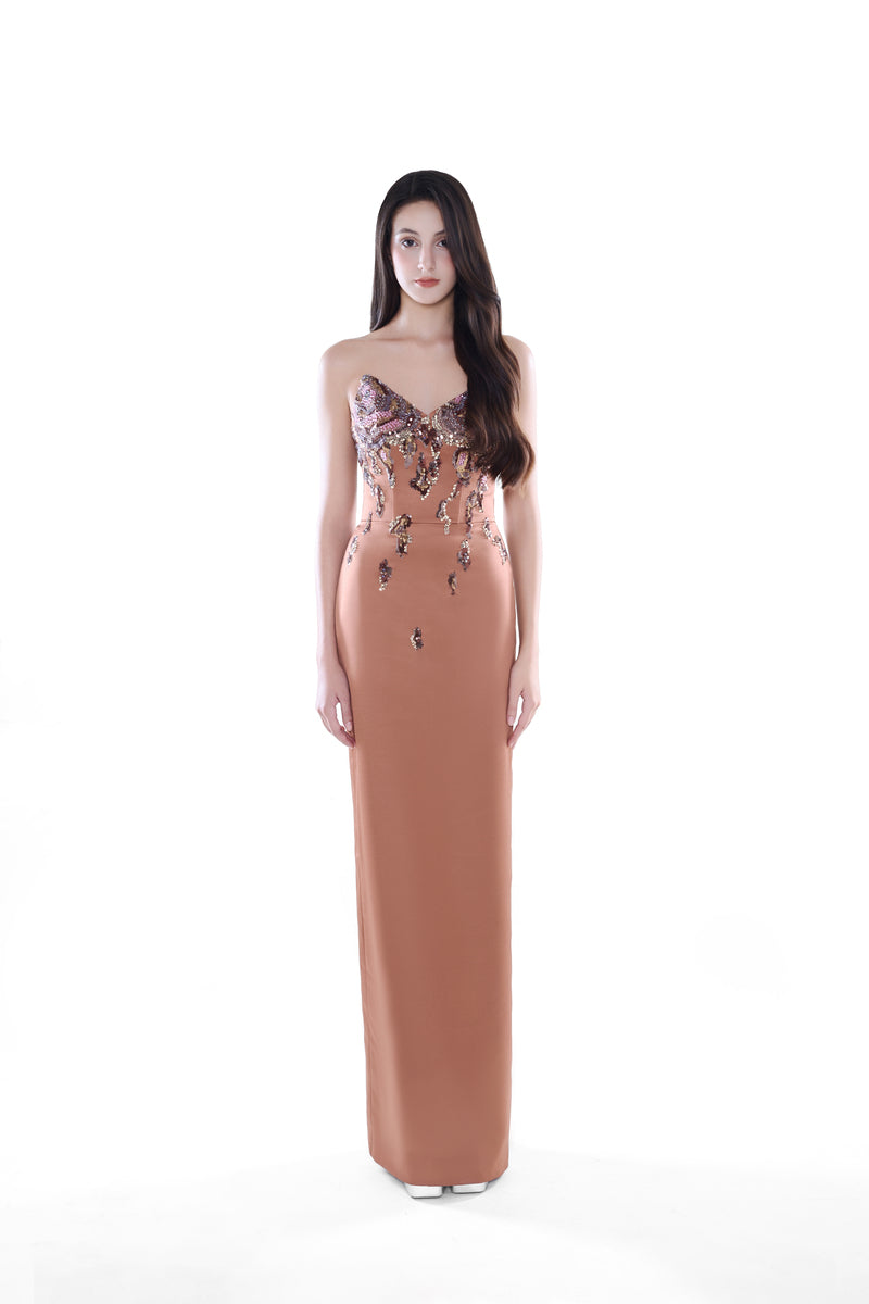 Blush nude Aurora embellished column maxi dress by HACCHIC COUTURE featuring intricate beadwork and elegant silhouette.