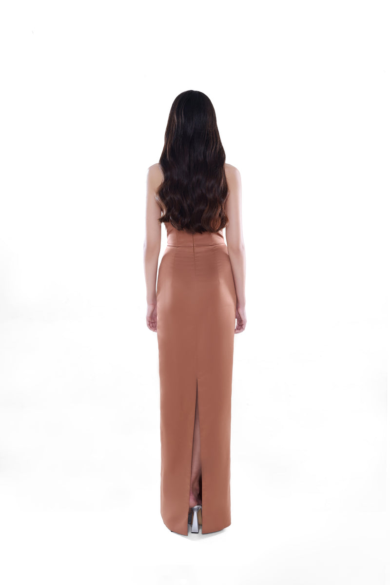 Blush nude Aurora embellished column maxi dress by HACCHIC COUTURE featuring intricate detailing and elegant silhouette.