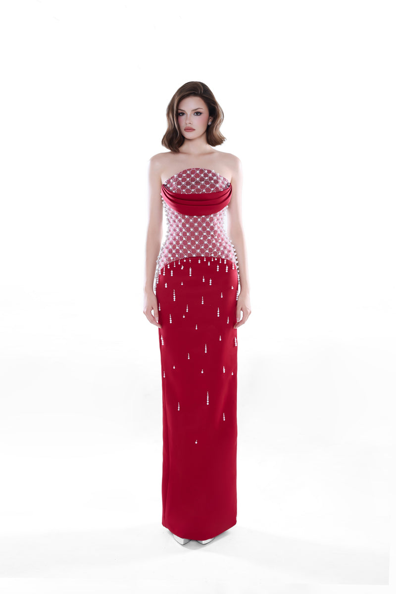 Crimson red Ruby Crystal corset gown from HACCHIC COUTURE, featuring a maxi dress with intricate crystal embellishments.