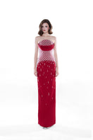 Crimson red Ruby Crystal corset gown by HACCHIC COUTURE featuring intricate crystal embellishments and elegant floor-length design.