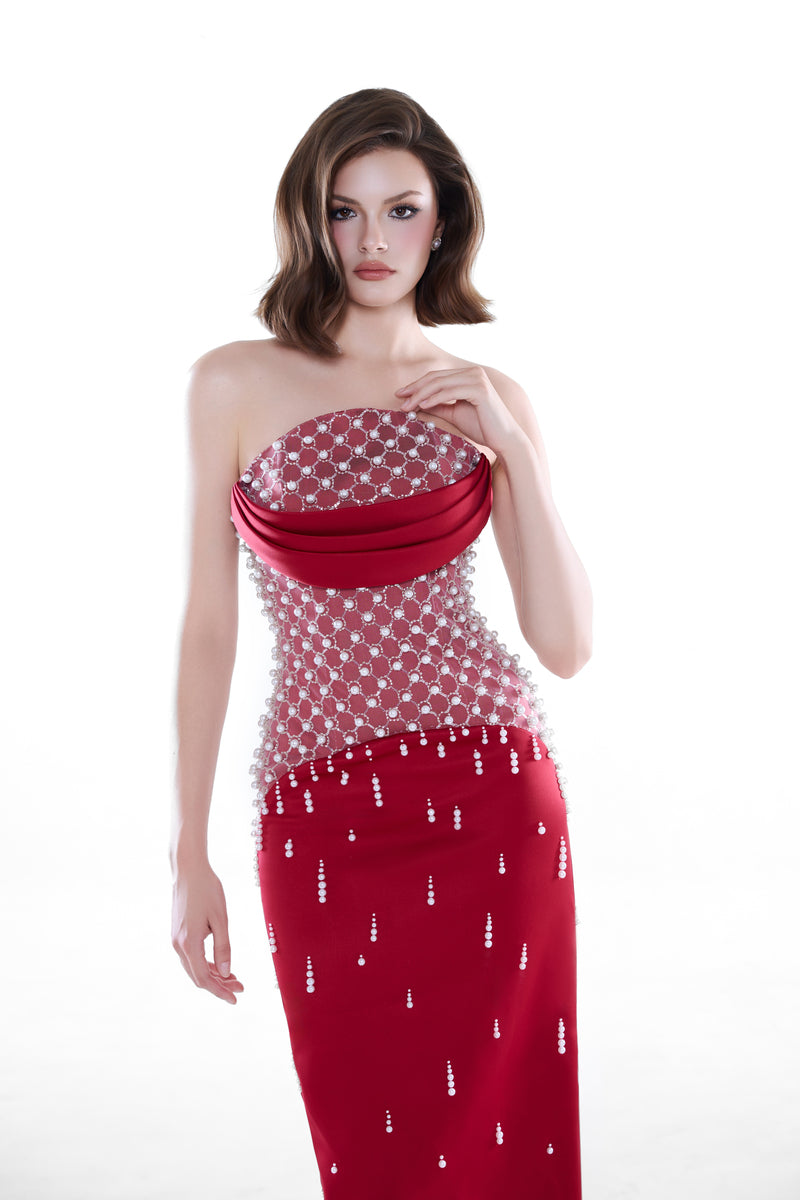 Crimson red Ruby Crystal corset gown by HACCHIC COUTURE, elegant maxi dress with sparkling embellishments and fitted silhouette.
