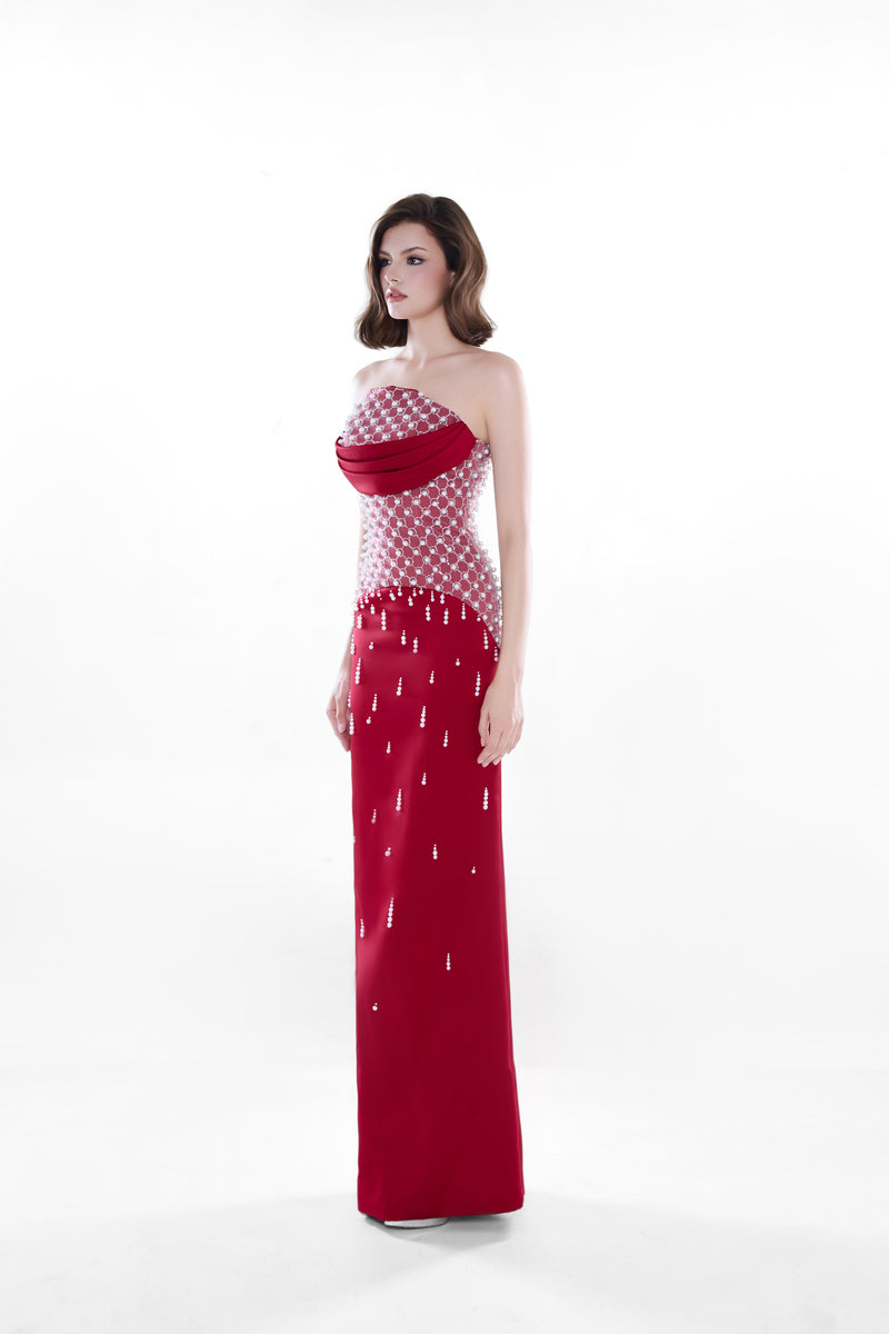 Crimson red Ruby Crystal corset gown from HACCHIC COUTURE, elegant maxi dress with sparkling crystal embellishments.