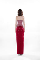 Crimson red Ruby Crystal corset gown by HACCHIC COUTURE, featuring intricate crystal embellishments and a fitted silhouette.