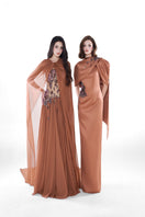 Elegant HACCHIC Couture Aurora embellished gown in cinnamon rose with intricate embroidery and flowing fabric.