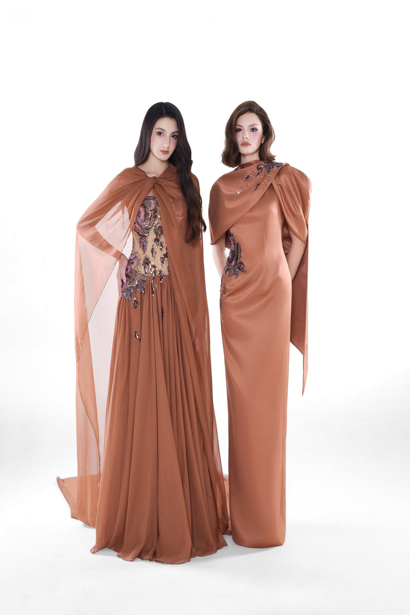 HACCHIC Couture blush nude Aurora drape cape gown, elegant maxi dress with flowing fabric and sophisticated style.
