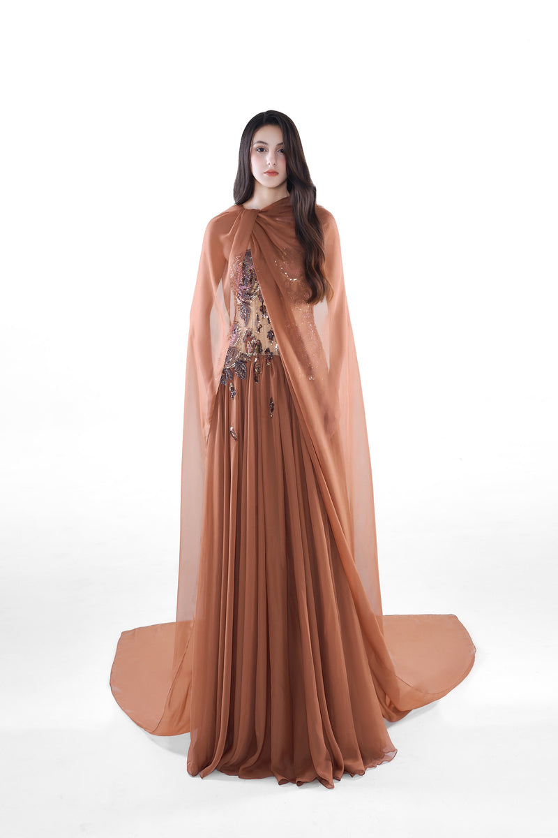 HACCHIC Couture Aurora embellished cinnamon rose maxi dress with intricate beadwork and flowing fabric for elegant occasions.