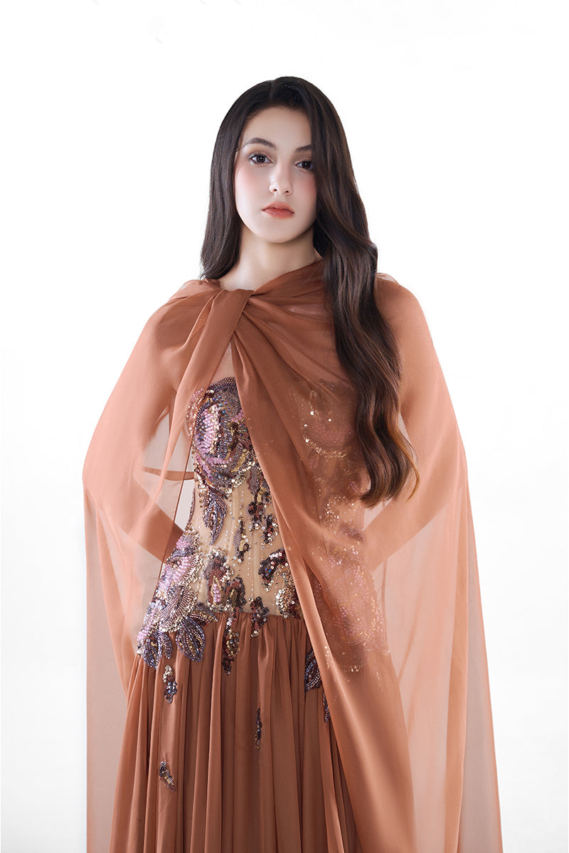 HACCHIC Couture Aurora Cape Gown in Cinnamon Rose, elegant maxi dress with flowing fabric and stylish design, perfect for special occasions.
