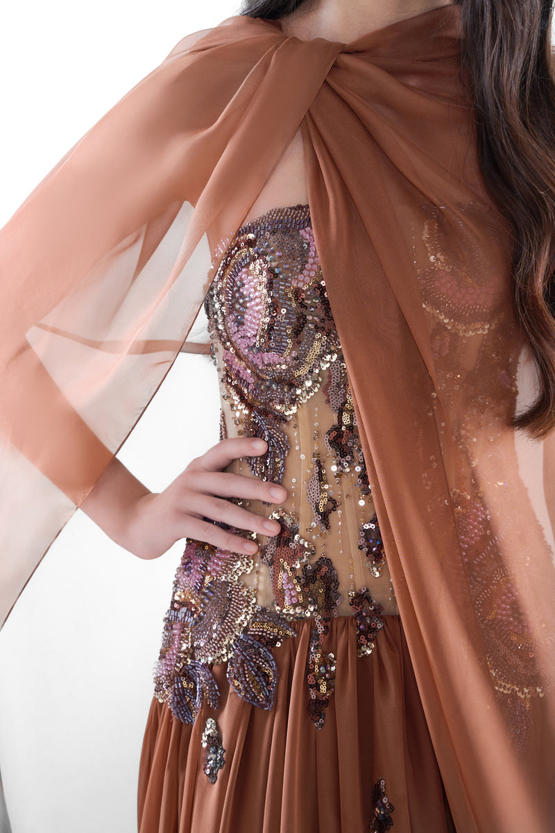 HACCHIC Couture Aurora embellished cinnamon rose maxi gown with intricate detailing and flowing fabric.