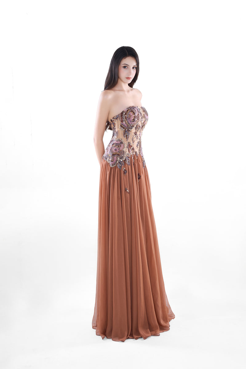HACCHIC Couture Aurora embellished cinnamon rose maxi gown with intricate embroidery and flowing fabric, elegant evening dress.