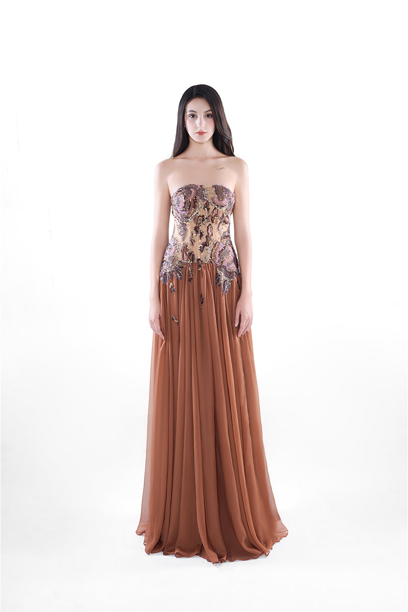 HACCHIC Couture Aurora cape gown in cinnamon rose, elegant maxi dress with flowing fabric and intricate design details.