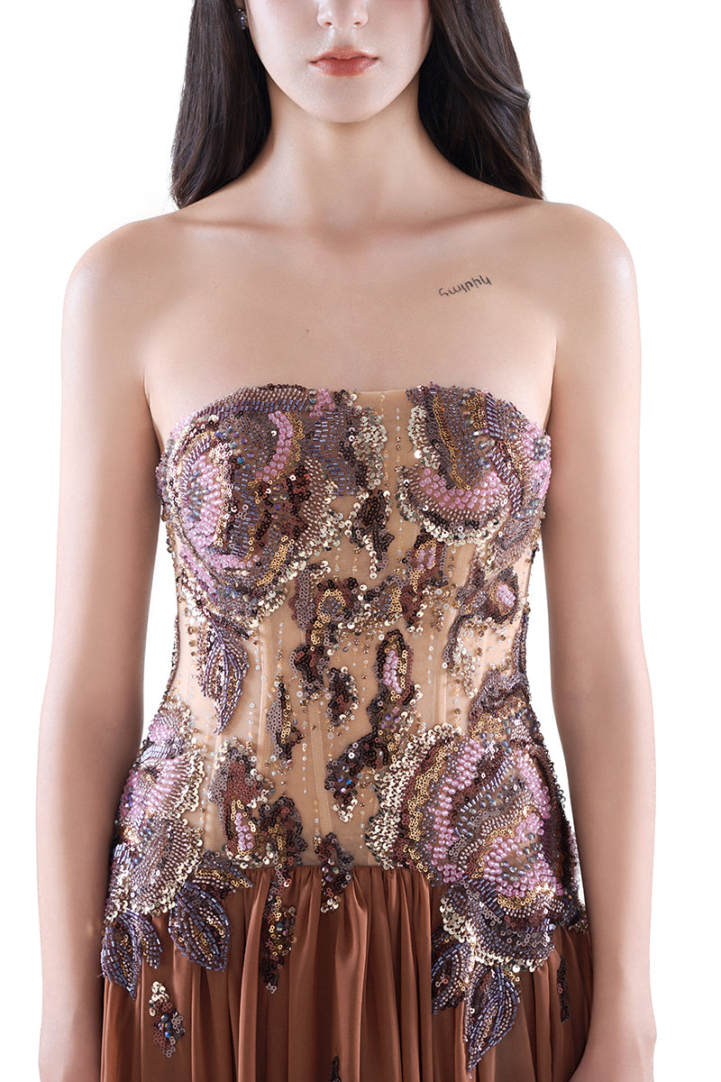 HACCHIC Couture Aurora cape gown in cinnamon rose, elegant maxi dress with flowing fabric and intricate detailing.