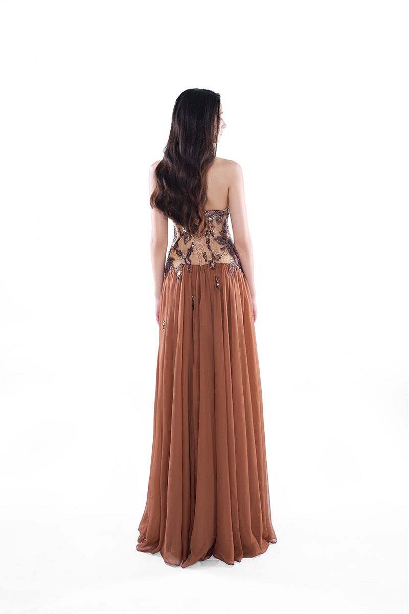 HACCHIC Couture Aurora cape gown in cinnamon rose, elegant maxi dress with flowing fabric and detailed design.