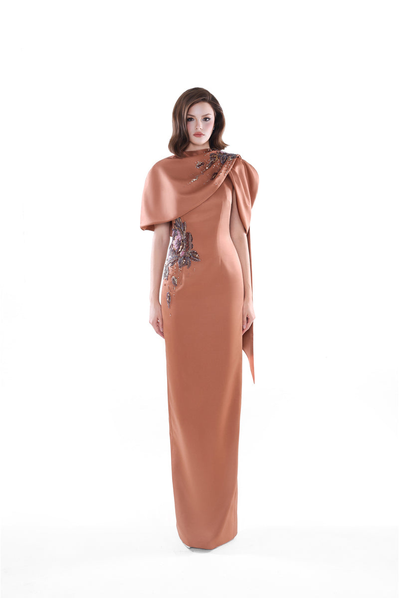 HACCHIC Couture blush nude Aurora drape cape gown, elegant maxi dress with flowing fabric and sophisticated design.
