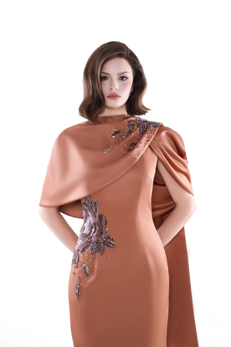 HACCHIC Couture blush nude Aurora drape cape gown, elegant maxi dress with flowing fabric and sophisticated style.