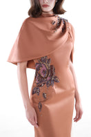 HACCHIC Couture blush nude Aurora drape cape gown featuring elegant flowing fabric and intricate design details.