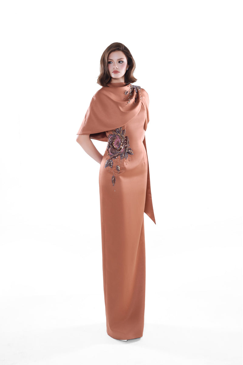 HACCHIC Couture Aurora drape cape gown in blush nude, elegant maxi dress with flowing fabric and sophisticated design.