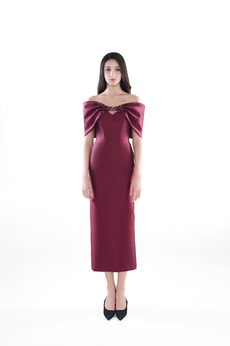HACCHIC COUTURE Ruby Bow Midi Dress in wine red, elegant midi dress with bow detail, perfect for stylish occasions.
