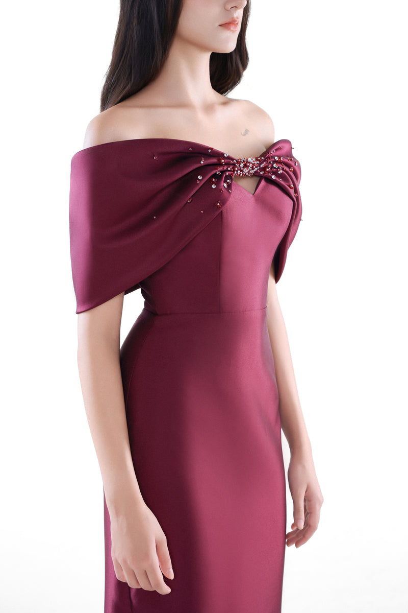 HACCHIC Couture Ruby Bow Midi Dress in Wine Red, elegant sleeveless midi dress with bow detail, perfect for sophisticated occasions