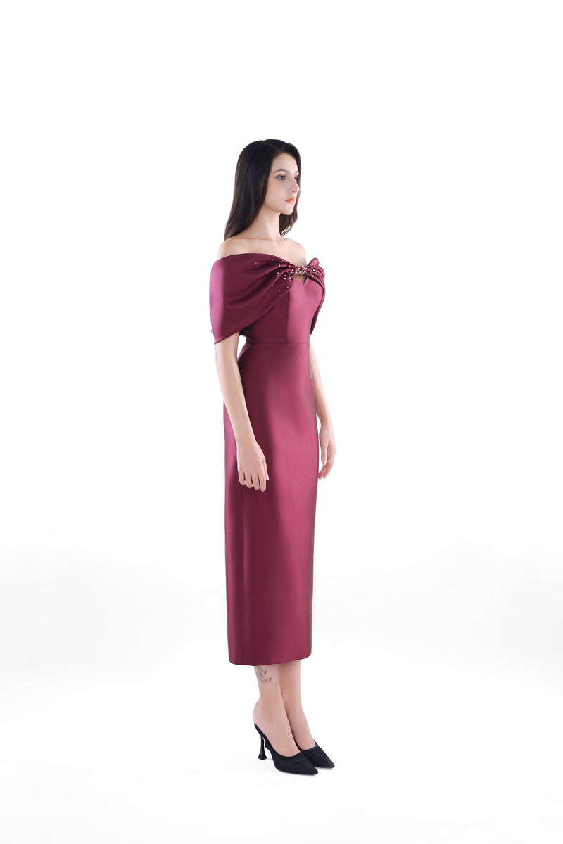 HACCHIC Couture Ruby Bow Midi Dress in wine red, showcasing the elegant midi dress with bow detail and flowing fabric.