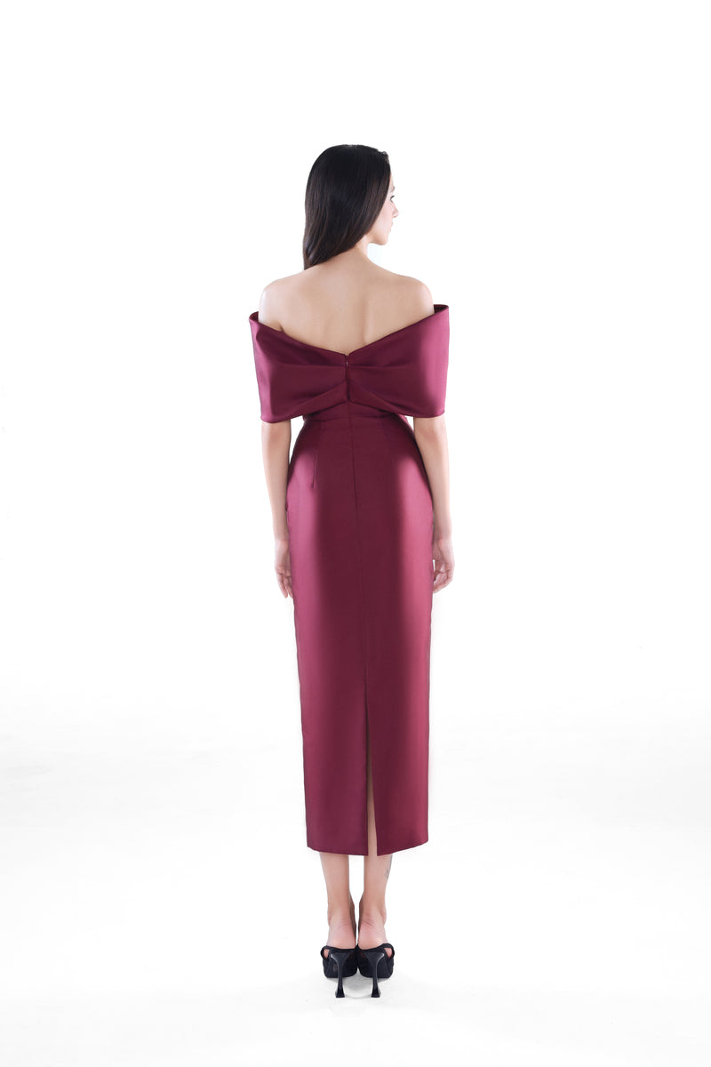 HACCHIC Couture Ruby Bow midi dress in wine red, featuring a sleek silhouette and elegant bow detail for stylish occasions.