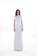 Ivory Camellia Pearl Column Gown by HACCHIC COUTURE, elegant evening dress with pearl embellishments and sleek silhouette.