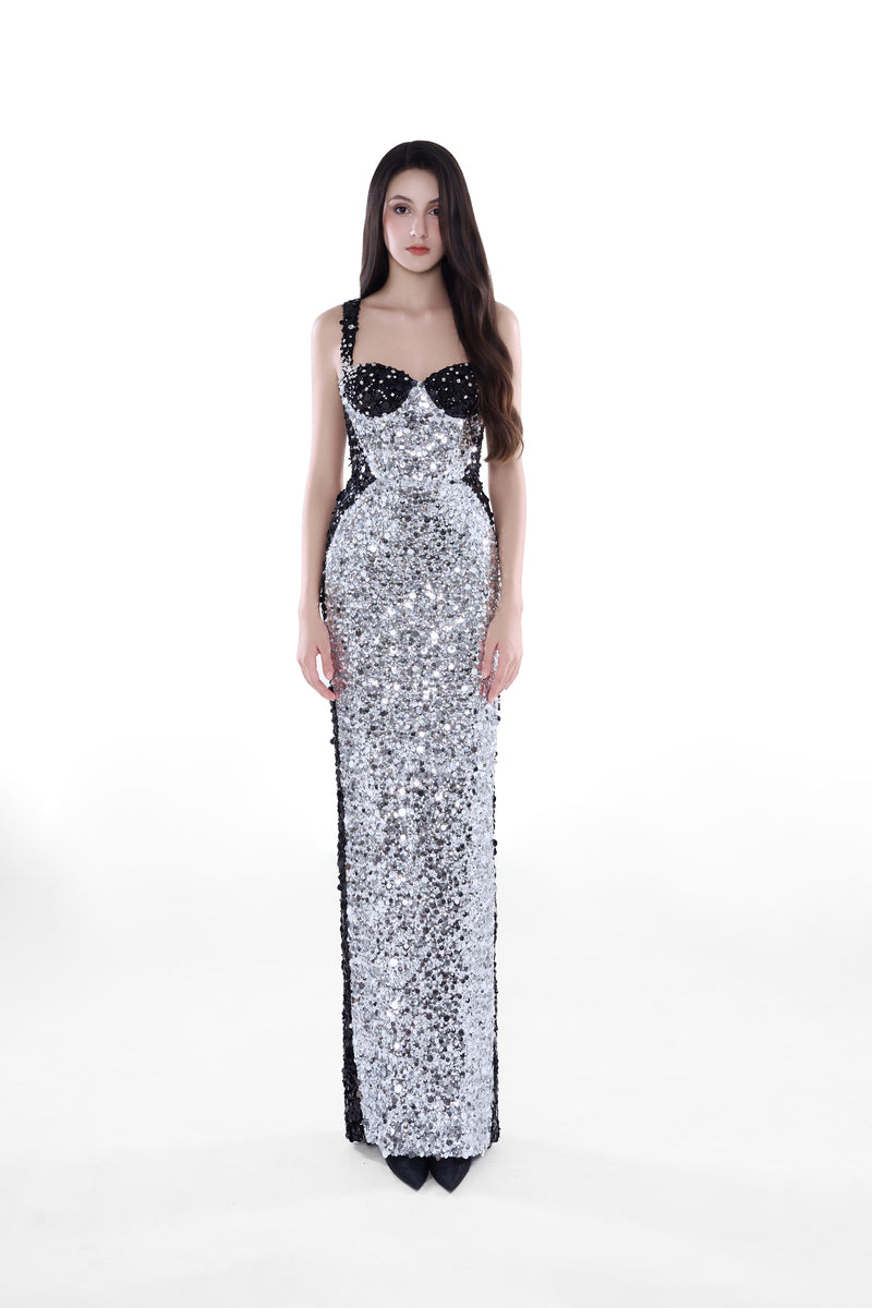 Silver and black Stella contrast sequin gown by HACCHIC COUTURE, featuring a flowing maxi dress with shimmering sequins.