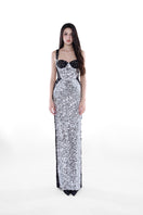 Silver and black HACCHIC Couture Stella contrast sequin gown with elegant draping and intricate sequin detailing.