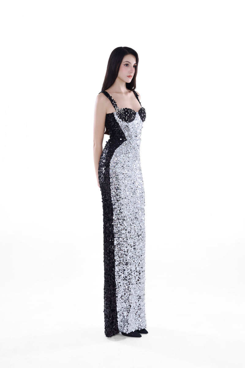 HACCHIC Couture Stella contrast sequin gown in silver and black, elegant maxi dress with shimmering sequins and flowing silhouette.