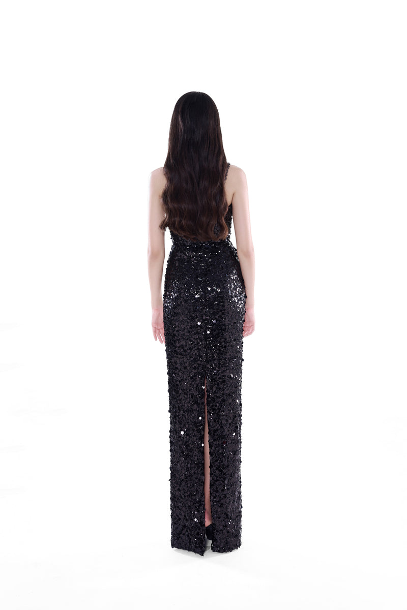 HACCHIC Couture Stella contrast sequin gown in silver and black, elegant maxi dress with shimmering sequins and flowing fabric.