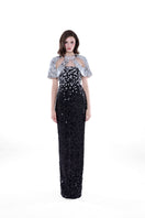 Black Luna floral sequin gown by HACCHIC COUTURE with intricate floral embellishments and shimmering sequin details.