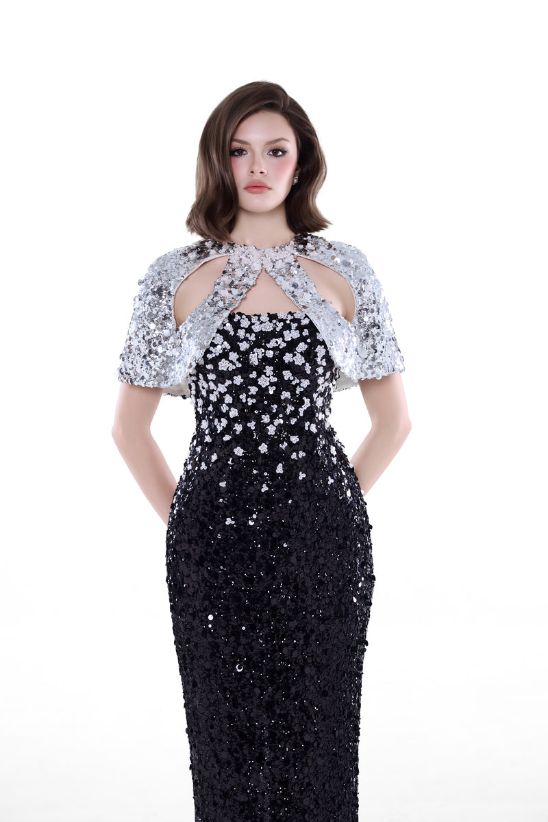 Black Luna floral sequin gown by HACCHIC COUTURE featuring intricate floral patterns on a flowing maxi dress.
