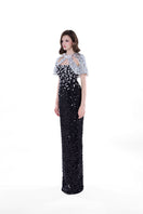 Black Luna floral sequin gown by HACCHIC COUTURE featuring intricate floral embroidery and shimmering sequins.